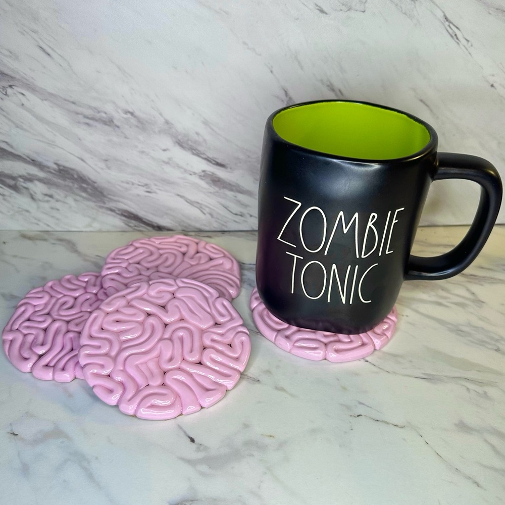 Brain Coaster Set - Halloween Decor - 4 Piece Set - Pink